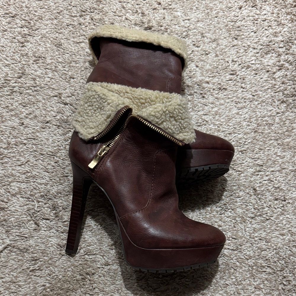 BCBG Brown Heeled Boots with Shearling Cuff